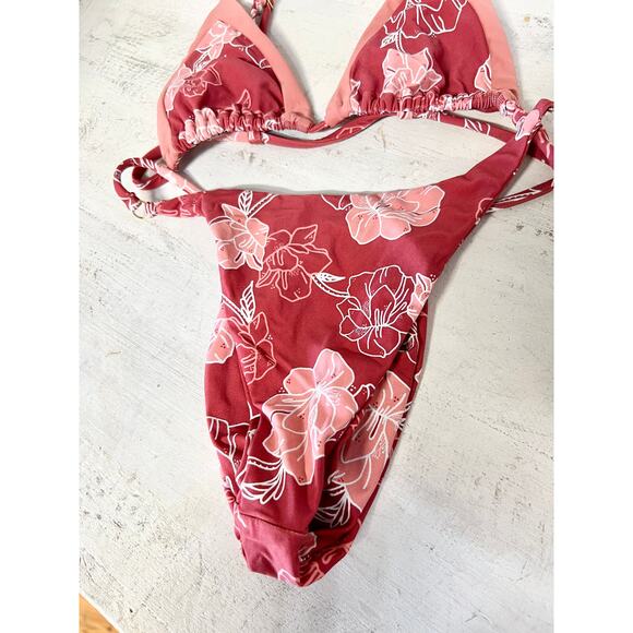 KB Swim Floral Bikini Top & High Leg Bikini Bottom Set Red/Pink Women's Size S - Picture 2 of 5